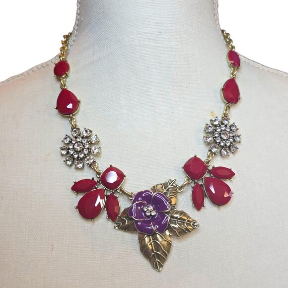 Floral Necklace The Delta Box Statement Red Purple Rhinestone Gold Tone Bib - Picture 1 of 9